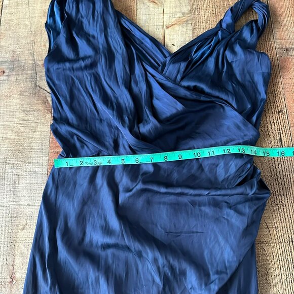 Reiss Womens Size 4 Zaria Drape Navy Satin Dress Sleeveless Ruched Bodycon Mini - Picture 3 of 11